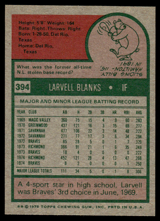 1975 Topps Baseball #394 - Larvell Blanks - NM