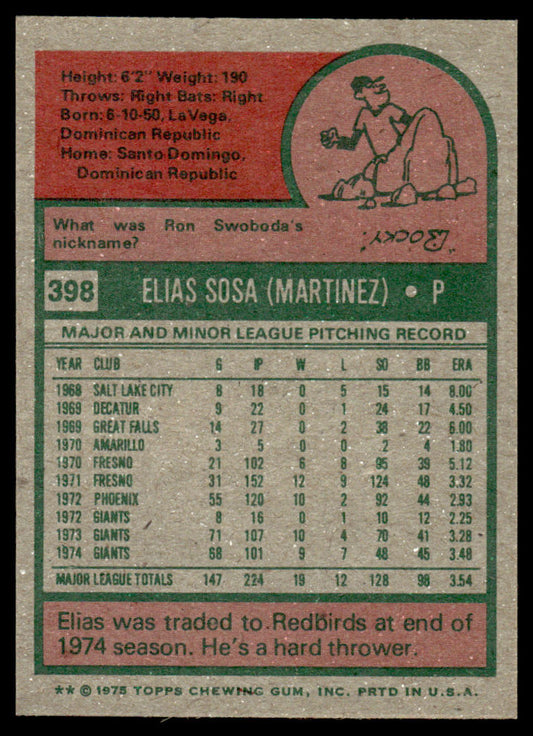 1975 Topps Baseball #398 - Elias Sosa - NMMT