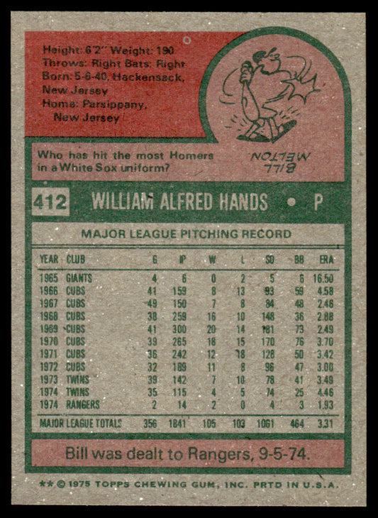 1975 Topps Baseball #412 - Bill Hands - NMMT
