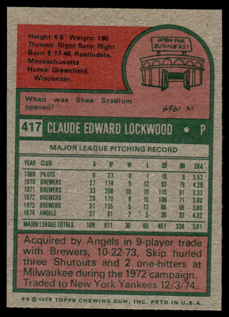 1975 Topps Baseball #417 - Skip Lockwood - NM