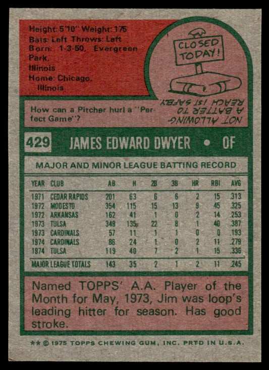 1975 Topps Baseball #429 - Jim Dwyer RC - NM