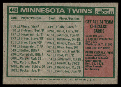 1975 Topps Baseball #443 - Minnesota Twins / Frank Quilici - NM