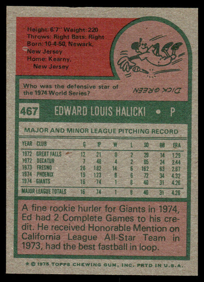1975 Topps Baseball #467 - Ed Halicki RC - NM