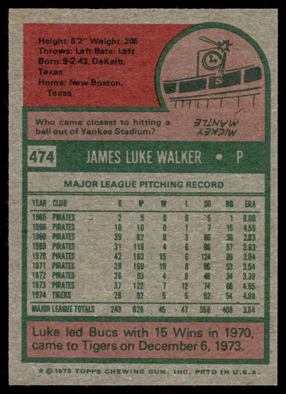 1975 Topps Baseball #474 - Luke Walker - NMMT