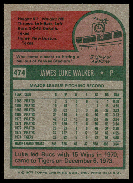 1975 Topps Baseball #474 - Luke Walker - NMMT