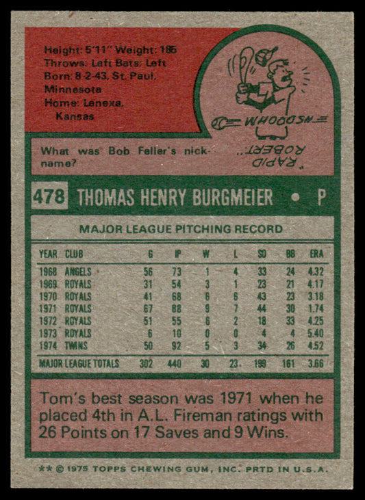 1975 Topps Baseball #478 - Tom Burgmeier - NM