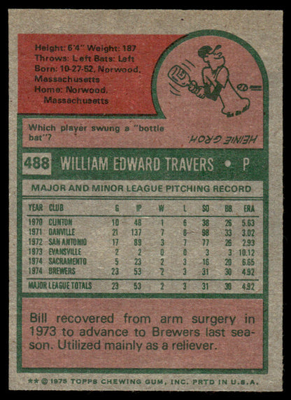 1975 Topps Baseball #488 - Bill Travers RC - NM