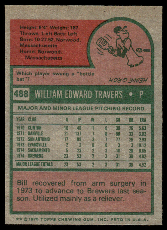 1975 Topps Baseball #488 - Bill Travers RC - NM