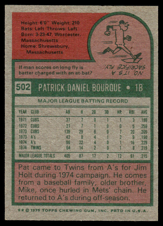 1975 Topps Baseball #502 - Pat Bourque - NM