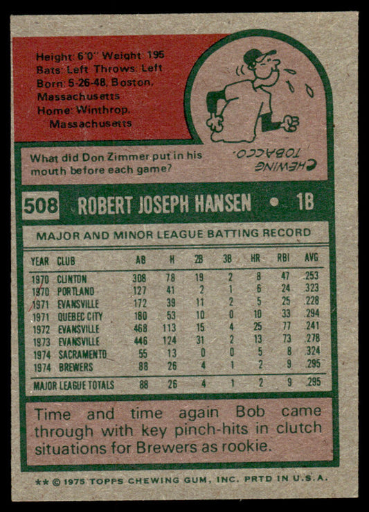 1975 Topps Baseball #508 - Bob Hansen RC - NM