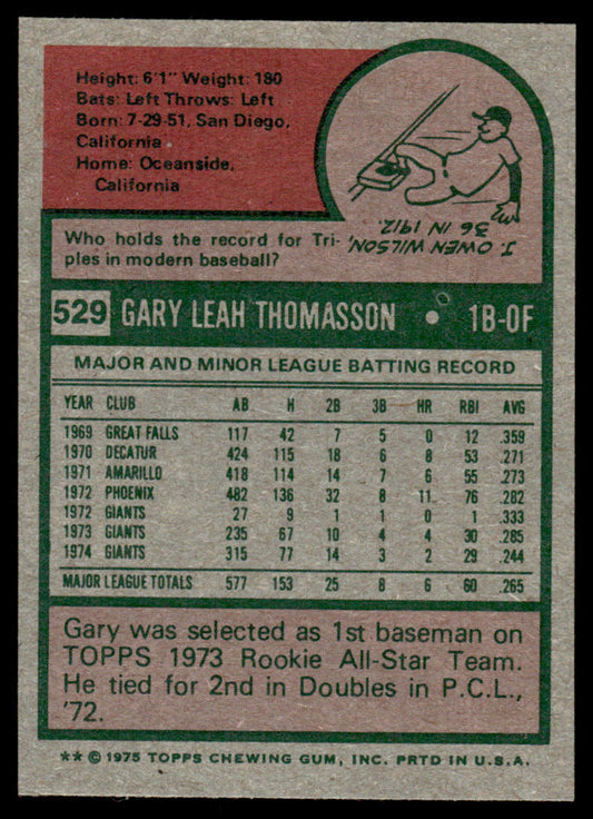 1975 Topps Baseball #529 - Gary Thomasson - NM