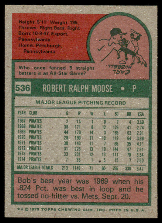 1975 Topps Baseball #536 - Bob Moose - NM