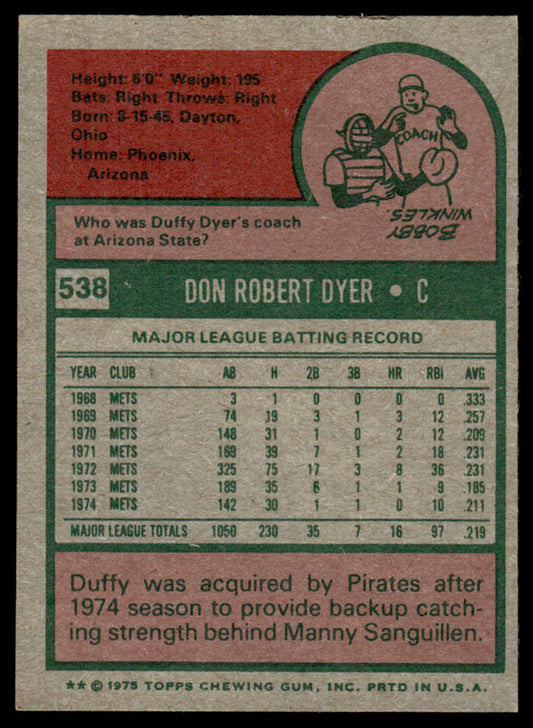 1975 Topps Baseball #538 - Duffy Dyer - EXMT