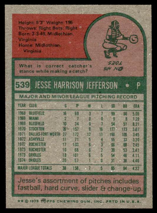 1975 Topps Baseball #539 - Jesse Jefferson - NMMT