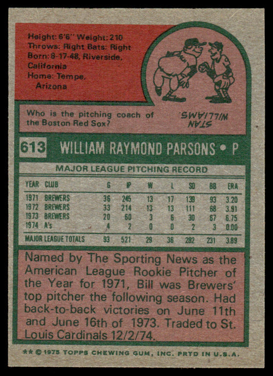 1975 Topps Baseball #613 - Bill Parsons - NM
