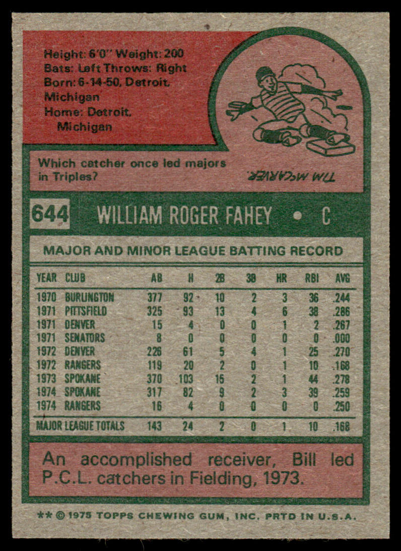 1975 Topps Baseball #644 - Bill Fahey - NM