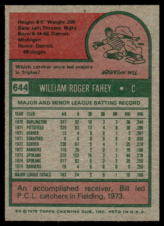 1975 Topps Baseball #644 - Bill Fahey - NM
