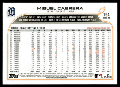 2022 Topps Baseball #194 - Miguel Cabrera