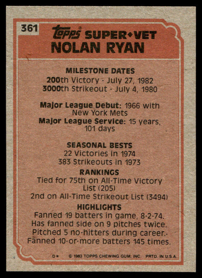 1983 Topps Baseball #361 - Nolan Ryan - NM