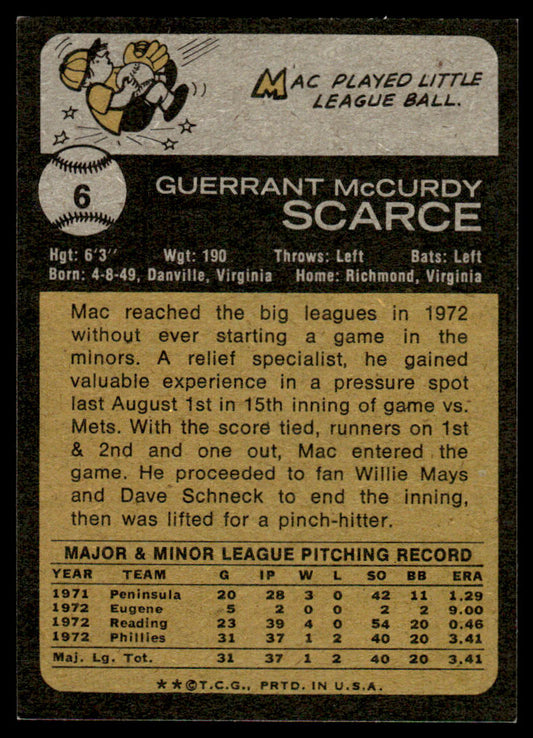 1973 Topps Baseball #6 - Mac Scarce - NM