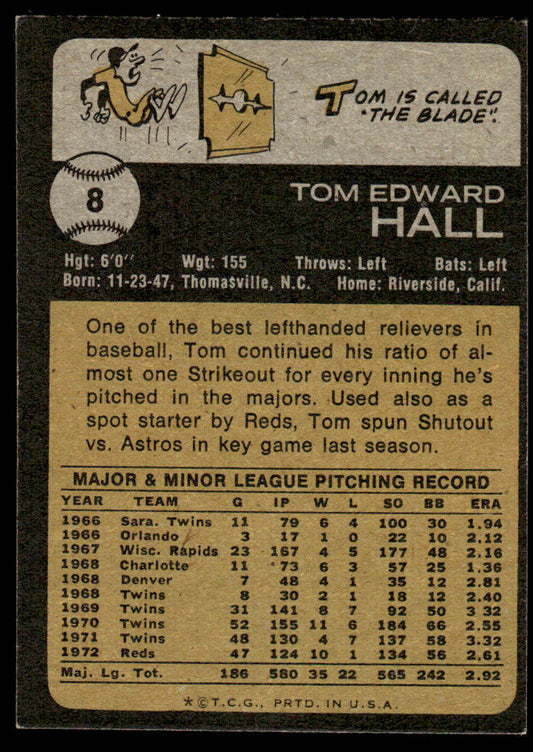 1973 Topps Baseball #8 - Tom Hall - NM