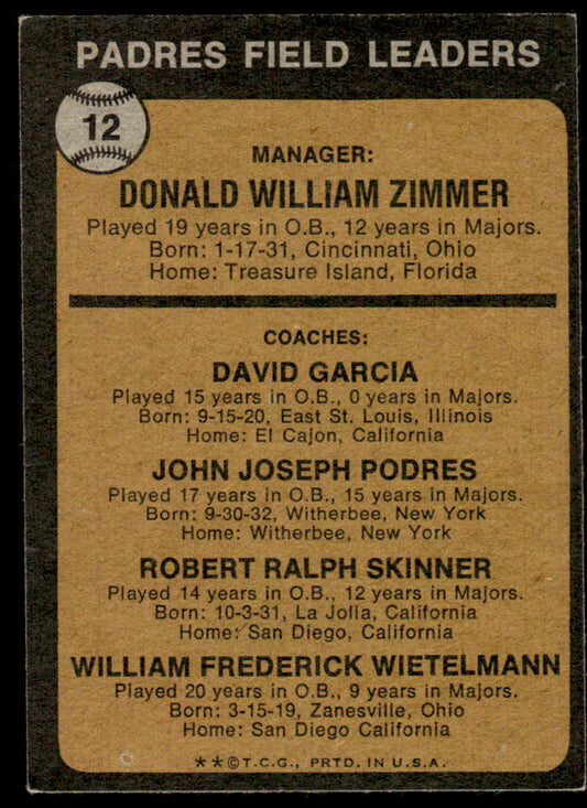 1973 Topps Baseball #12b - Padres Field Leaders - EXMT