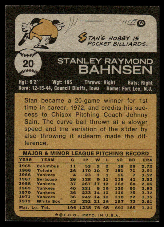 1973 Topps Baseball #20b - Stan Bahnsen - EXMT
