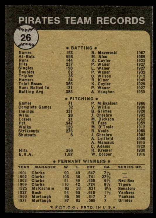 1973 Topps Baseball #26 - Pittsburgh Pirates - EXMT