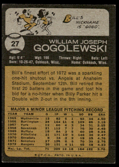 1973 Topps Baseball #27 - Bill Gogolewski - EXMT