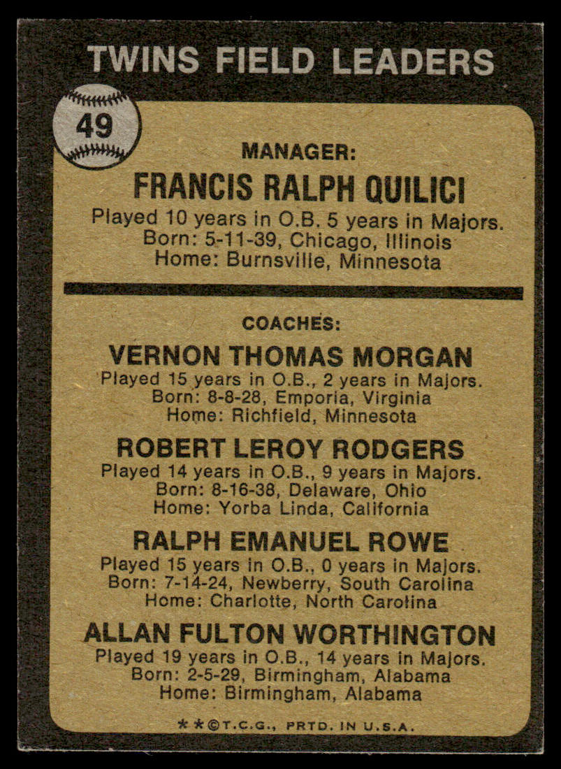 1973 Topps Baseball #49b - Twins Field Leaders - EXMT