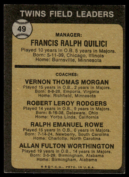 1973 Topps Baseball #49b - Twins Field Leaders - EXMT