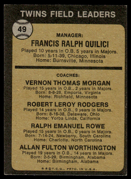 1973 Topps Baseball #49b - Twins Field Leaders - EXMT