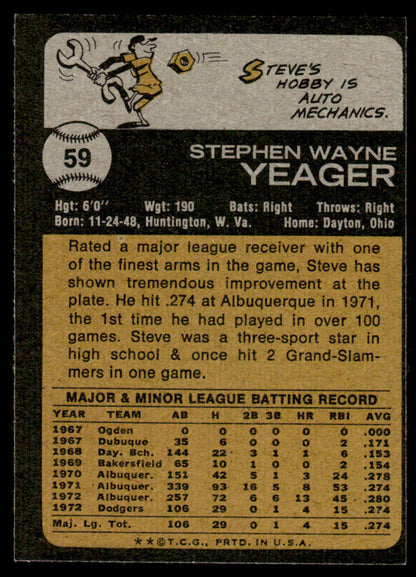 1973 Topps Baseball #59 - Steve Yeager - EXMT