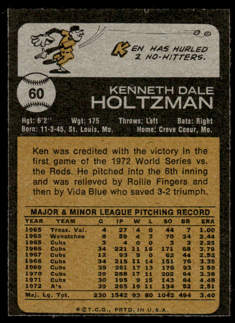 1973 Topps Baseball #60 - Ken Holtzman - NM