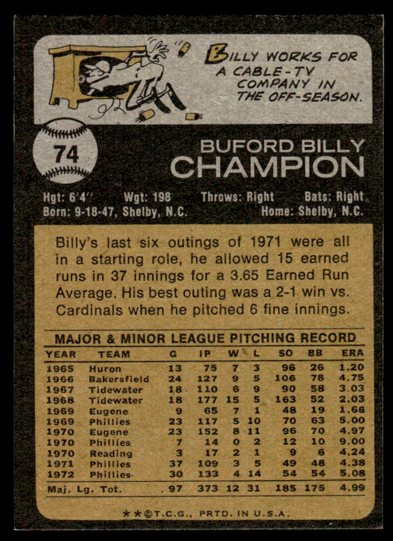 1973 Topps Baseball #74 - Billy Champion - NM