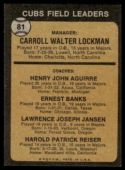 1973 Topps Baseball #81a - Cubs Field Leaders - EXMT