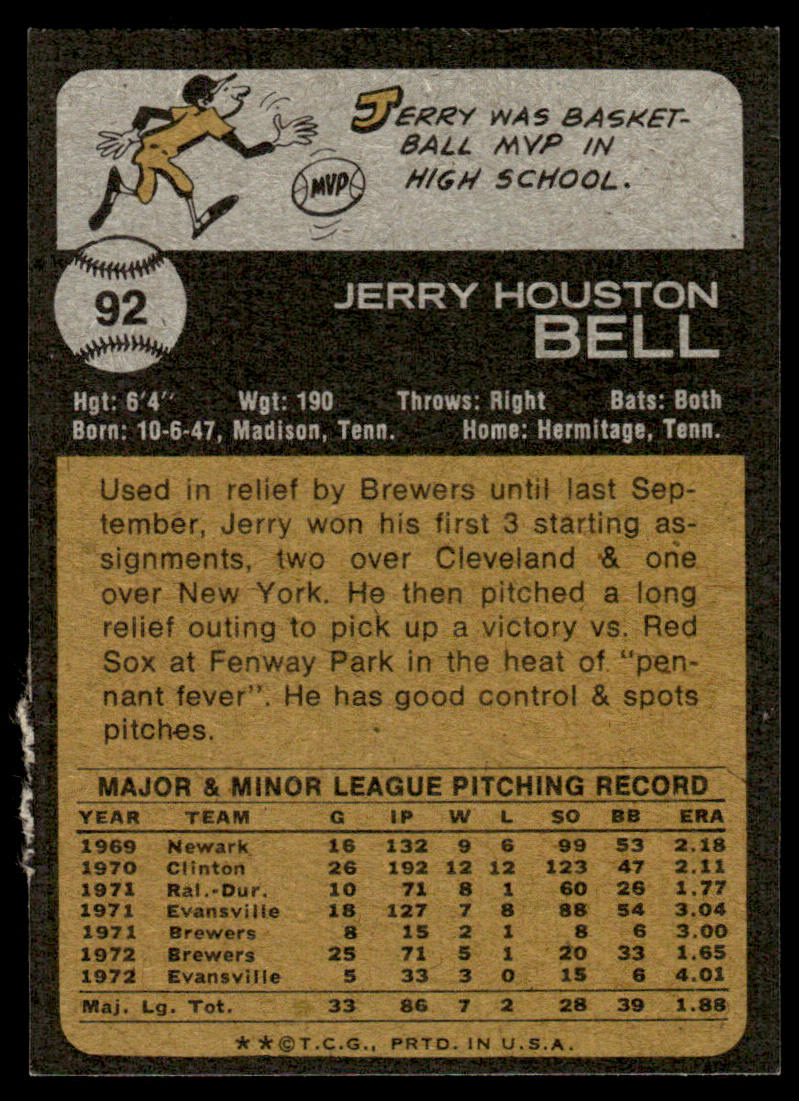 1973 Topps Baseball #92 - Jerry Bell - NM