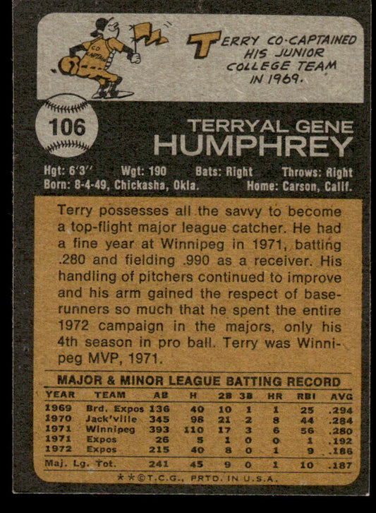 1973 Topps Baseball #106 - Terry Humphrey - EXMT