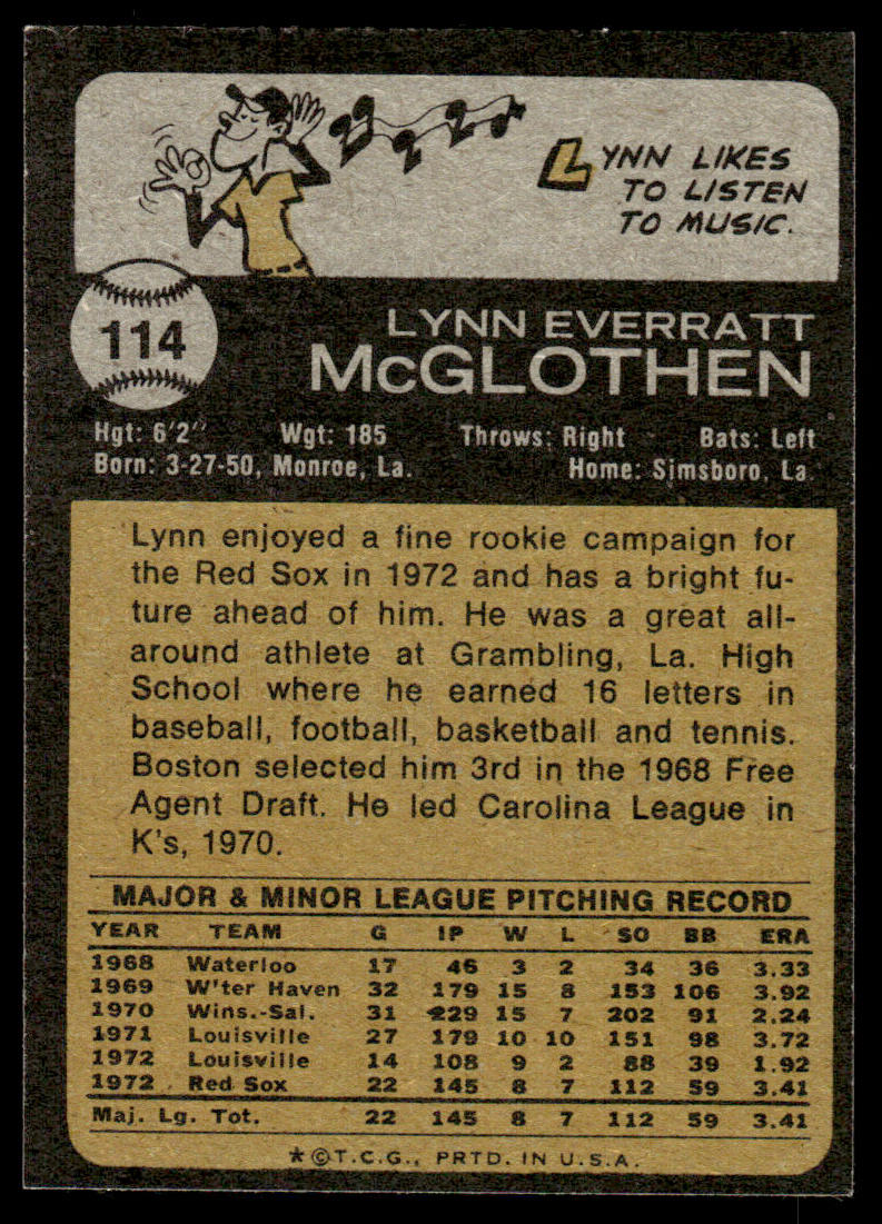 1973 Topps Baseball #114 - Lynn McGlothen - NM