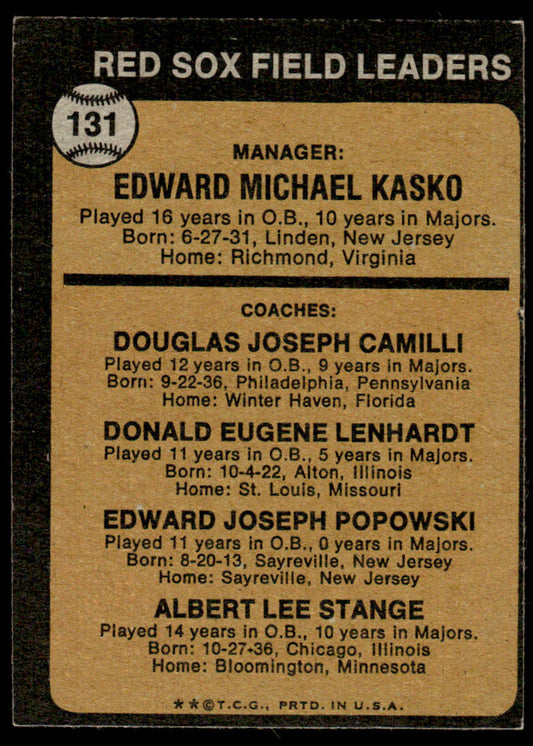 1973 Topps Baseball #131b - Red Sox Field Leaders - EXMT
