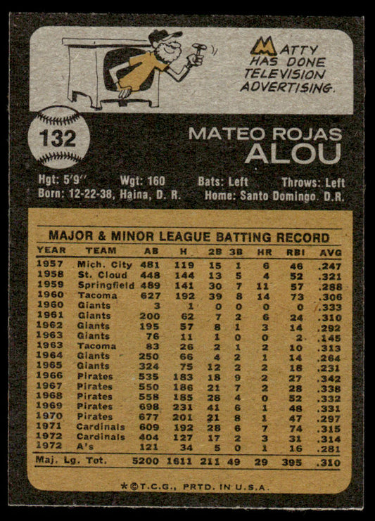 1973 Topps Baseball #132 - Matty Alou - NM