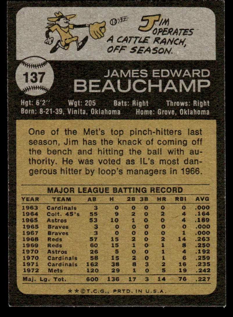 1973 Topps Baseball #137 - Jim Beauchamp - EXMT
