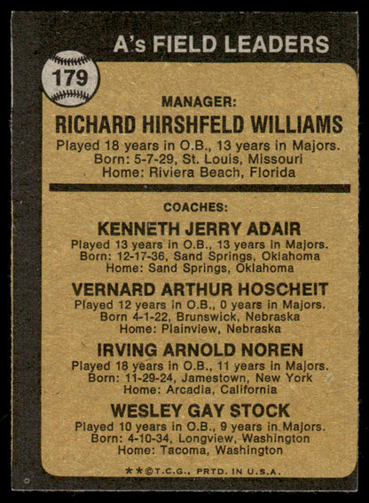 1973 Topps Baseball #179b - A's Field Leaders - EXMT