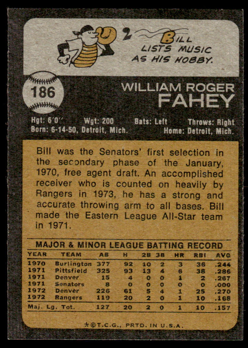 1973 Topps Baseball #186 - Bill Fahey - EXMT