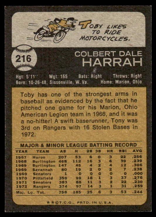 1973 Topps Baseball #216 - Toby Harrah - EXMT