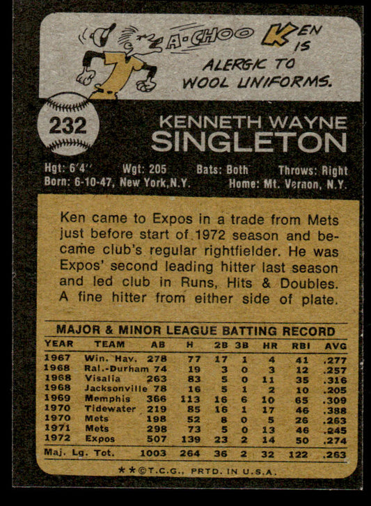 1973 Topps Baseball #232 - Ken Singleton - NM
