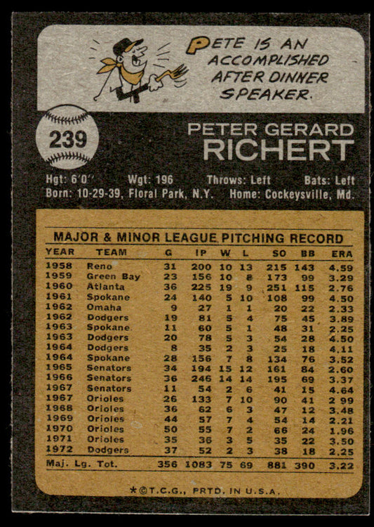 1973 Topps Baseball #239 - Pete Richert - EXMT
