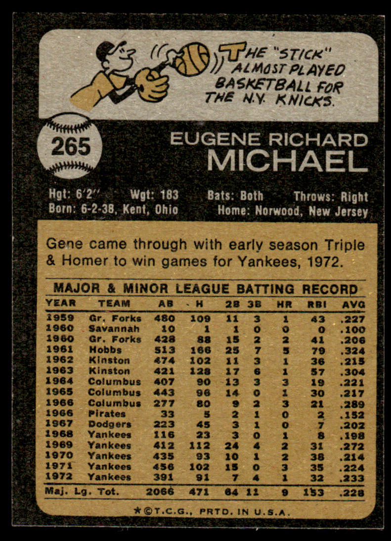 1973 Topps Baseball #265 - Gene Michael - EXMT