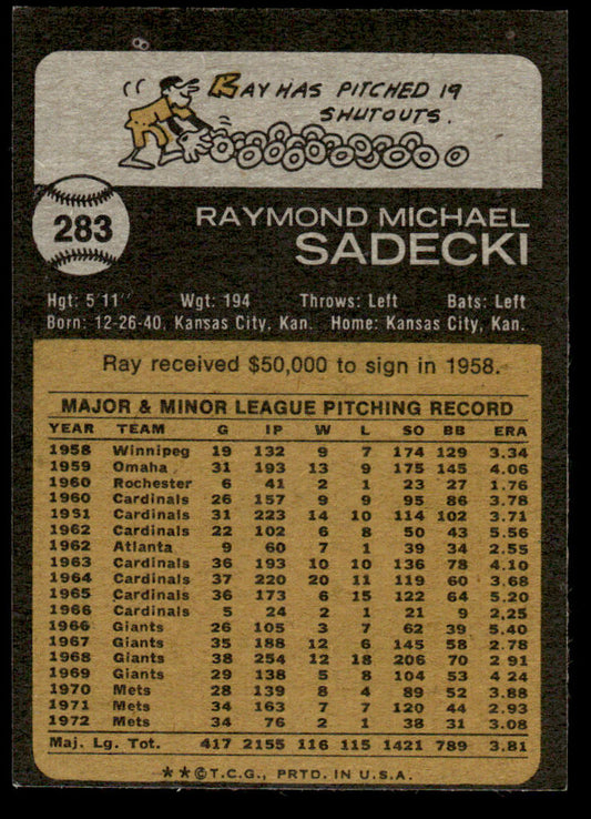 1973 Topps Baseball #283 - Ray Sadecki - EXMT