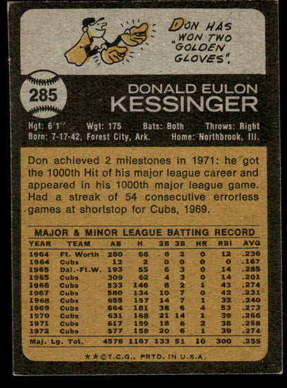 1973 Topps Baseball #285 - Don Kessinger - EXMT